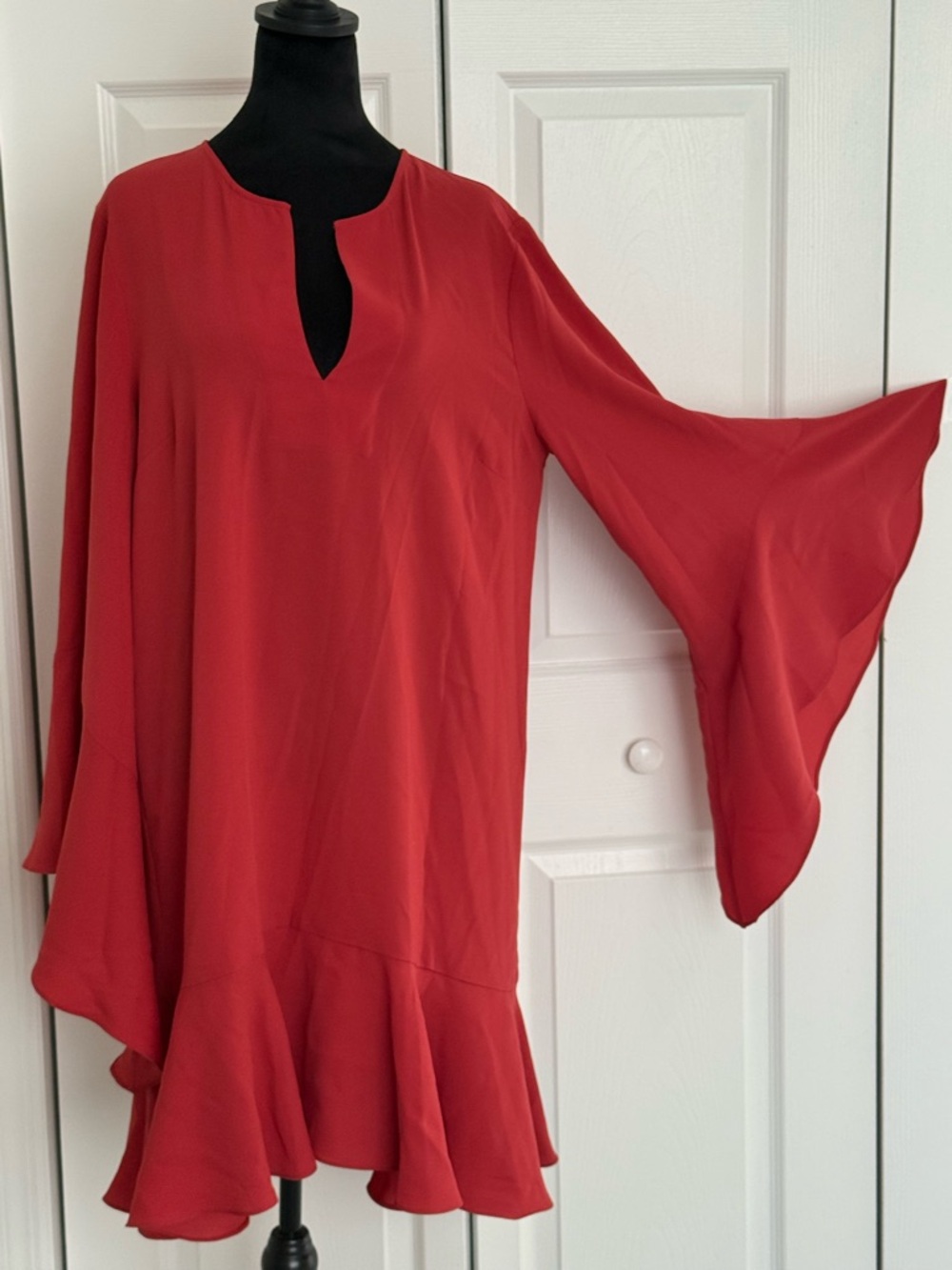 BCBGMaxAzria Coral-Red Midi Dress with Flounce Hem and Bell Sleeves